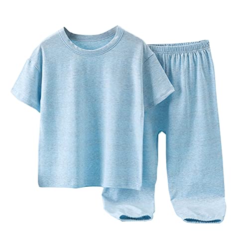 Kids Boys Girls Pants Outfits Summer Short Sleeve Basic T Shirt Tops Trousers Set Casual Loose (Sky Blue, 7-8 Years)