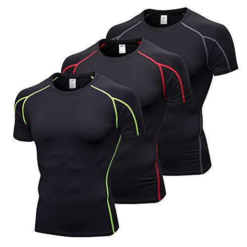 Lixada 3PCS Hombres Camisa de Compresión de Manga Corta, Camisa de Entrenamiento Atlético, Secado Rápido, Camiseta Barata Baselayer, T Shirt Men para Correr Ciclismo Playa