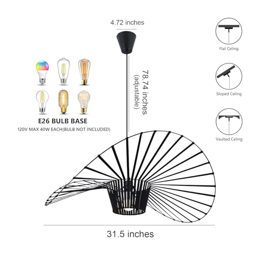 Image of Modern Black Woven Chandelier, 31.5 inch Farmhouse Coastal Hat Pendant Light Fixtures Matte Black Handwoven Shade Boho Pendant Hanging Lamp for Kitchen Dining Room Bedroom Foyer Hallway