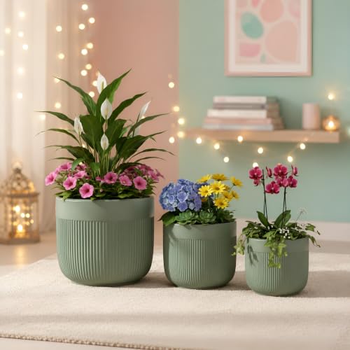 Image of Xtore Verde Ceramic Ribbed Planter Set | Soft Tone Vertical Groove Plant Pots for Home, Office & Living Room Decor - (Set of 3, Green, Planter ONLY)