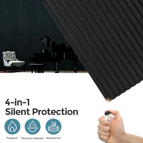 Image of AKUMAX Extra-Thick 0.7 inch Wood Slat Acoustic Wall Panels, 4 Pack 47.2 inch x 23.6 inch, 31 ft, NRC 0.80 Sound Absorbing 3D Slat Wall Paneling with Real Wood Veneer, E0 MDF and PET Felt, Black Oak