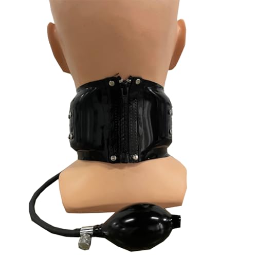 Schwarz Aufblasbares Halsband aus Gummi Latex für Männer und Frauen,mit Rückenreißverschluss Geeignet für Latexenge Kleidung-L