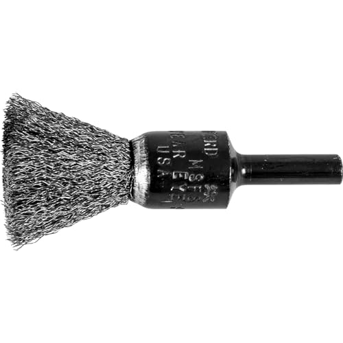 Image of PFERD 82981 Stem Mounted Power Crimped Wire End Brush, Stainless Steel Bristles, 1 /2 inch Diameter, 0.006 inch Wire Size, 25000 Maximum RPM