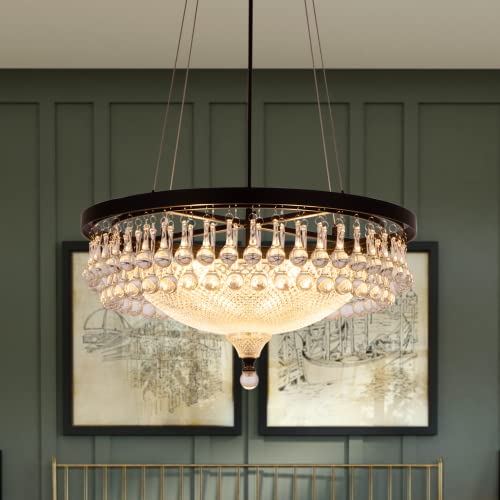 Image of Wellmet Modern Black Crystal Chandelier, Drum 4-Light Crystal Droplet Chandelier Lighting Fixture for Living Room, Foyer, Kitchen, Dining Room, Bedroom 21.65''W