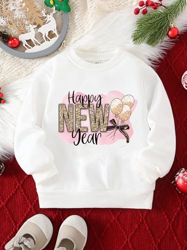 Young Girls Casual New Year Slogan Imitation Sequin Balloon Bow Pattern Printing Round Neck Thermal LinedWear4