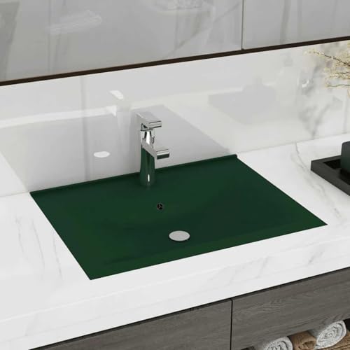 Mokuyary Lavabo avec trou de robinet Vert foncé mat 60x46 cm Céramique Lavabo, Vasque à Poser au-dessus du Comptoir pour Salle de Bains, WC d'invités, Hôtel,...
