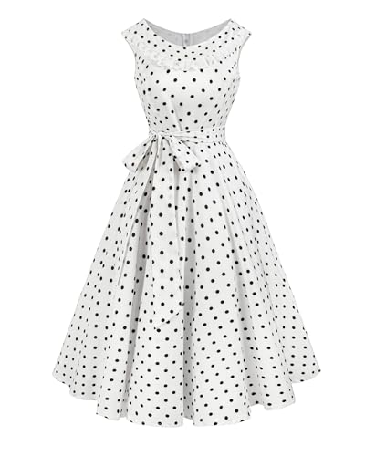 FCCAM Rockabilly Kleid Damen Schwarz Punkte 50er Jahre Polka Dot Kleid A-Linie Retro Kleider mit Gürtel Weiß XL