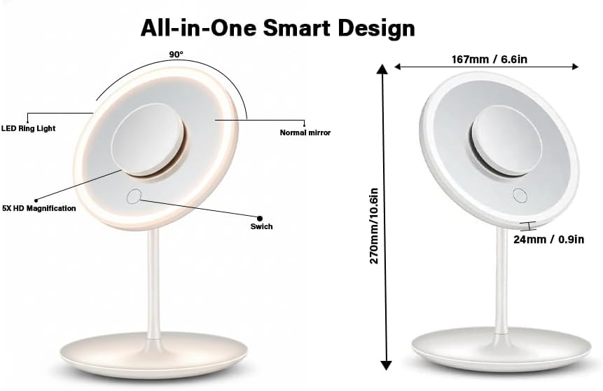 Magnifying Mirror 5X–Portable Makeup Mirror with Aluminum Lens–USB Powered–Clear HD Reflection for Beauty, Skincare & Grooming–Perfect for Home,Travel & Professional Use
