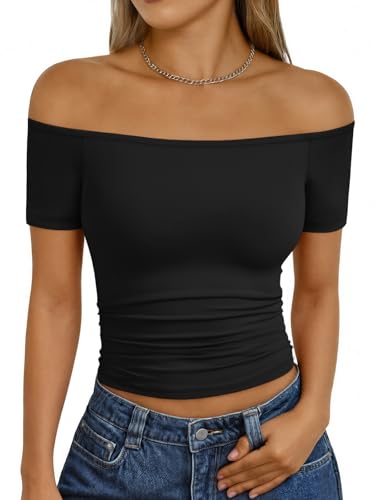 Trendy Queen Summer Off The Shoulder Tops for Women Going Out Short Sleeve Shirts Cute Y2K Sexy Basic Clothes 2026 Fashion Black S