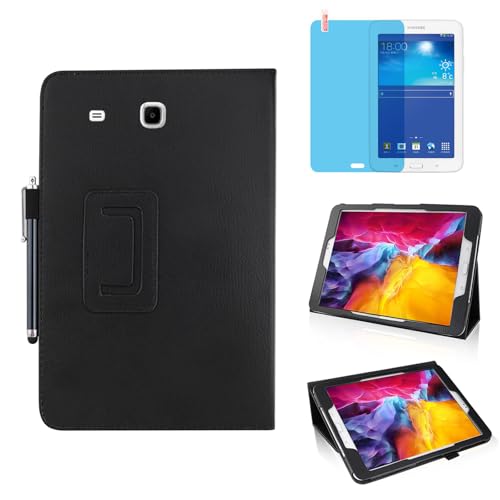 Slim Leather Case for Samsung Galaxy Tab 3 Lite 7.0 Inch 2014 (SM-T110 T111 T113 T116), Multi-Angle Stand Full-Protective Tablet Cover Book Case with Stylus Pen,Screen Film (Black)