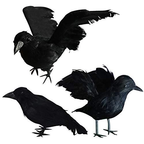 FUNPENY Halloween Black Feathered Crows, 3 Pack Black Crows with Real...
