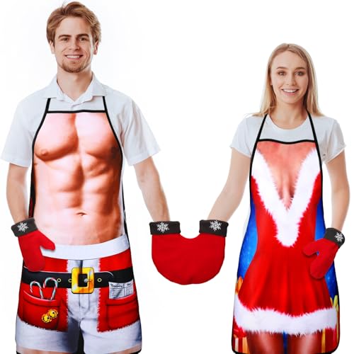 Image of Neer Christmas Funny Gifts Novelty Apron for Women Men and Couple Gloves Xmas Aprons Funny Gift Apron for Couples Christmas Dinner BBQ Party Cooking
