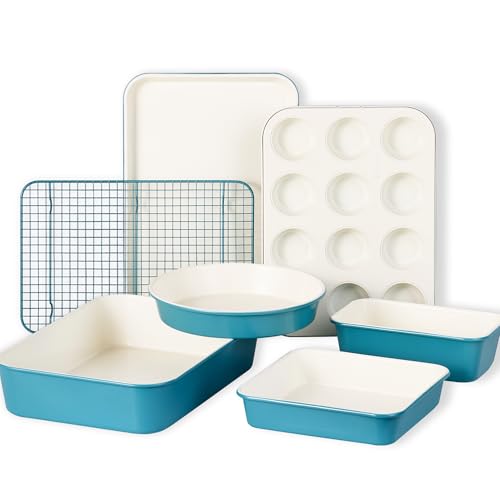 CAROTE 7-Piece Nonstick Ceramic Baking Pans Set - Bakeware Sets Including Cookie Sheets for Baking, Muffin Pan, Bread Pan, Cake pan, Loaf Pan, Roasting Pan, and Cooling Rack, LIght Blue & White