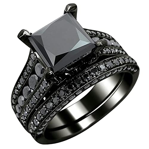 2Pcs Women Zircon Rings Set Square Cut Cubic Zirconia Engagement Rings Bridal Wedding Bands for Her (Black, 11)