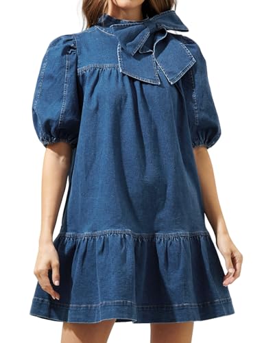 Women Summer Puff Short Sleeve Denim Dress Mock Neck Babydoll Jean Dress with Bow