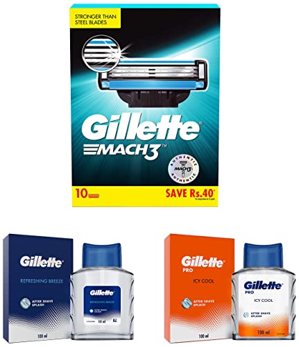 Image of Gillette Mach3 Shaving 3-Bladed Cartridges, Pack of 10 & PRO AFTER SHAVE SPLASH ICY COOL 100ML, White & AFTER SHAVE SPLASH REFRESHING BREEZE 100ML, White