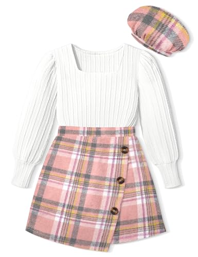 Image of AGAPENG Girl Skirt Sets 3 Piece Outfits Square Neck Jacquard Puff Sleeve Tops Plaid Mini Skirt Shorts Fall Winter Clothes