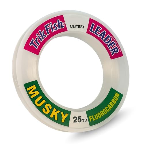 TrikFish Musky Leader Line - Muskie Leaders - Fluorocarbon Leader for Freshwater Fishing - User-Friendly Spool - Clear, Virtually Invisible Underwater - High Strength & Abrasion Resistance - 25 YD
