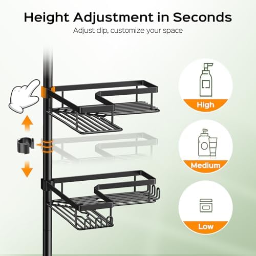 HAMITOR Shower Caddy Tension Pole: 4-Tier Corner Rustproof Bathroom Organizer with Soap Holder & Hooks - No-Drill Adjustable Shower Shelf for Renters - Family Stand Storage Rack - 47-123 Inch Black - Image 4