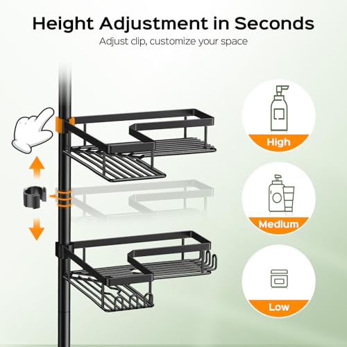 image for HAMITOR Shower Caddy Tension Pole: 4-Tier Corner Rustproof Bathroom Or