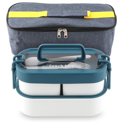 Image of OITUGG 2 Layer Lunch Box with 450ml Bottle and Bags, 1300ml Bento Lunch Box for Adults, 3 Compartments Design, with Handle and Forks Spoons, BPA-Free, Microwave-Safe, Size 18x10x11cm, Blue + White