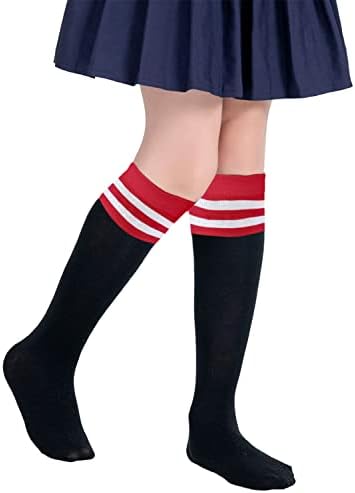 PUPIU Kids Soccer Socks Athletic Toddler Uniform Socks Little Girls Knee High Socks Boys Tube Stripes Cute Cotton Socks Red White and Black