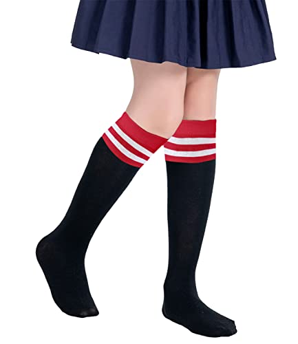 Pupiu Kids Soccer Socks Athletic Toddler Uniform Socks Little Girls Knee High Socks Boys Tube Stripes Cute Cotton Socks Red White And Black #TOP7