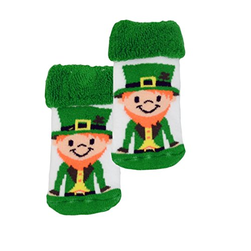 Traditional Craft White Newborn Bootie Socks With Leprechaun Print, Green, One Size