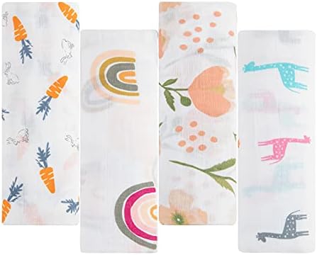 Catteyonce Swaddle Blankets, 4 Pack Breathable Muslin Swaddle Blankets, Cotton Soft and Comfortable Receiving Blanket for Newborn Boys and Girls, Orange/Giraffe, Large 44 "x 47 "