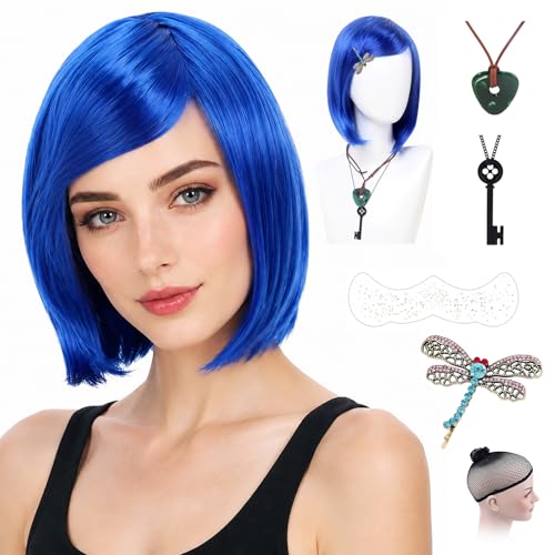 Blue Bob Cosplay Wig with Hairnet Dragonfly Clip Key Necklace Green Stone Necklace & Freckles - Anime Costume Set for Women - Ideal for Halloween World Book Day Carnivals & Fancy Dress