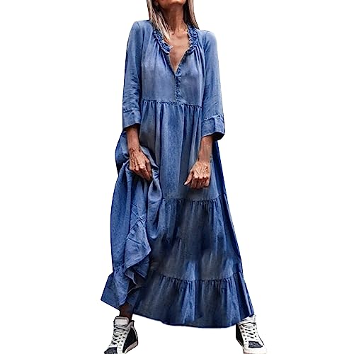Vestido vaquero para mujer, vestido largo de camisa de verano, manga larga, vestido vaquero con volantes, ropa para niña, informal, vestido informal, vestido de tirantes monocromáticos, vestido de