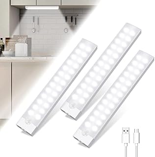 Under Cabinet Kitchen Lights, 3 Pack 2000mAh 26 LED Motion Sensor Dimmable Cupboard Lights, 6000K USB Rechargeable Night Light with Magnetic Strip for Wardrobe, Closet, Stairs(20cm)