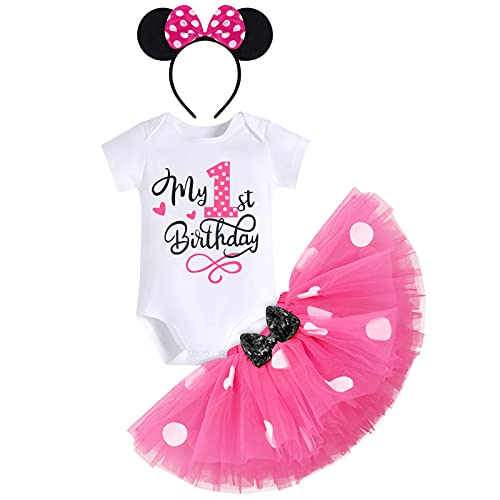 Enfant Bébés Filles Mon 1er Premier Anniversaire Robe Barboteuse en Coton à Manches Courtes Jupe Tutu à Pois avec Bandeau Robe Minnie Anniversaire 1 an Fête Photographie Tenue 3 Pièces Rose vif