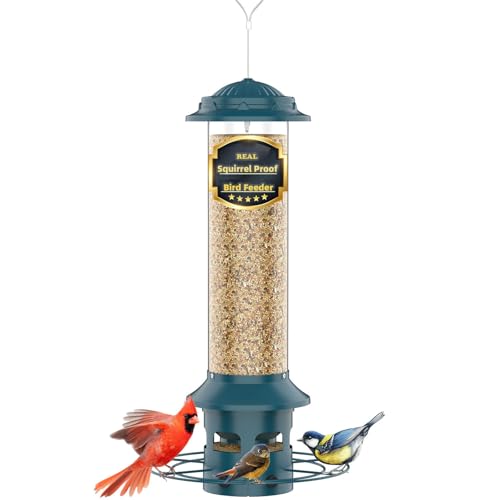 Metal Squirrel Proof Bird Feeders for Outdoors Hanging 4.0 LB Large Capacity,Easily Beat Squirrels,Easy to Clean and Fill,Waterproof,Attracting Finch,Cardinal,Chickadee and More