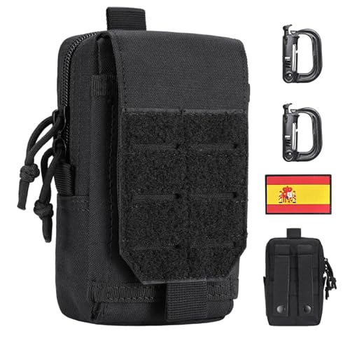 BAPLONEX® Bolsa Táctica EDC para Cinturón con Parche de España y 2 Mosquetones Tácticos | Riñonera Táctica Pouch Molle para Usos de Supervivencia, Militar, Senderismo, Caza, Pesca, y Otros.