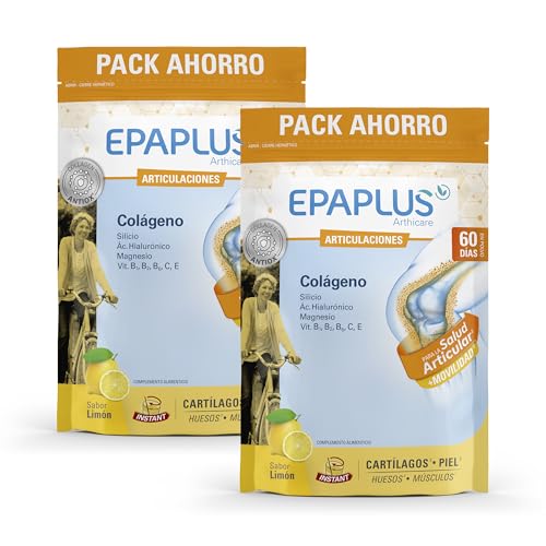 EPAPLUS Articulaciones, Pack 2 Sobres de 668,4 gr - Tratamiento para 120 días - Colágeno Hidrolizado con Silicio y Ácido Hialurónico, Disolución Instant Sabor Limón -