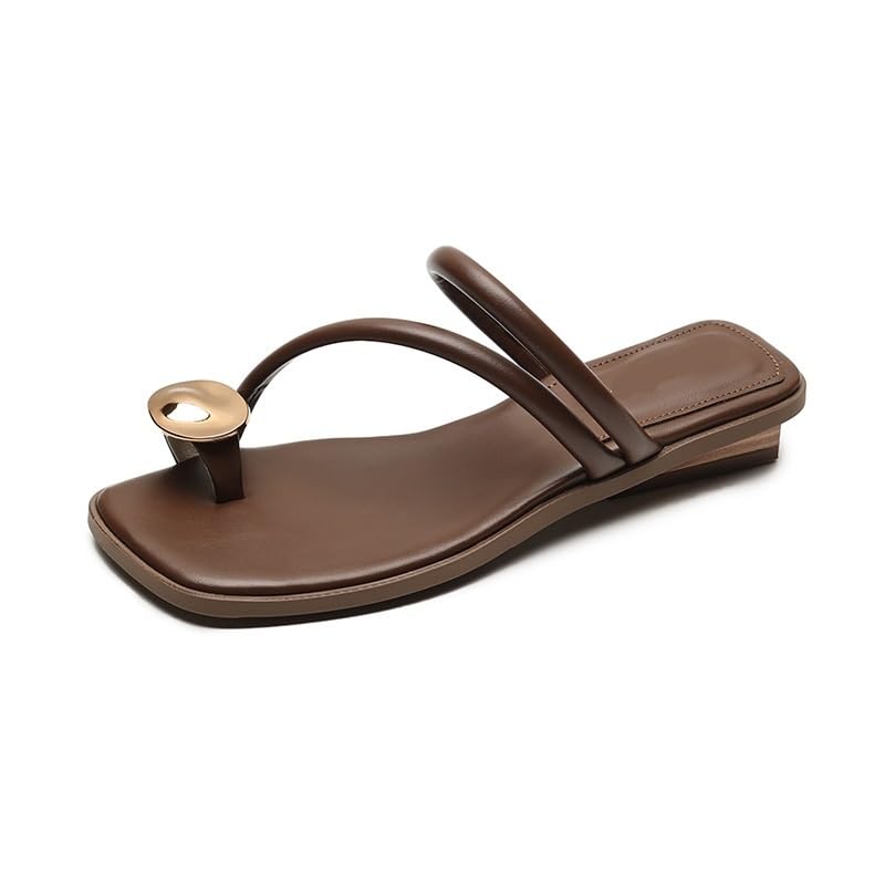 Women's Flat Bottomed Square Heel Flip Flops Solid Color Sandals Size 5-10(Brown,7)