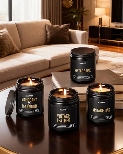 Image of AOOVOO Scented Candles for Men - 4 Pack Candles for Home Scented, 28oz Soy Wax, 200 Hour Burn Time, Men Candle Set, Vntage Leather /Vntage Oak /Mahogany Teakwood /Cologne Candle Set