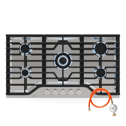 Klarstein Turbocast - Piano Cottura a Gas, 5 Bruciatori, Acciaio Inox 304, Wok: 3,4 kW, GPL, Accensione Elettrica, Supporti in Ghisa, Kit di Conversione Incluso, 910x85x510 mm