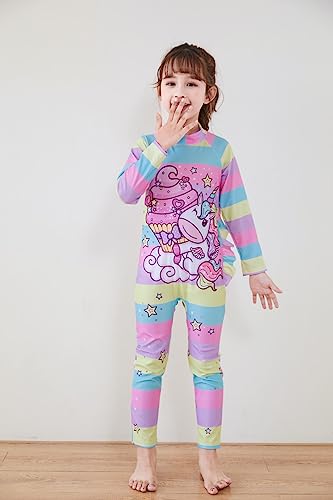 Image of Girls Swimsuits Long Sleeve Rash Guard Swimwear with Matching Cap One-Piece Bathing Suits 2-10 Years