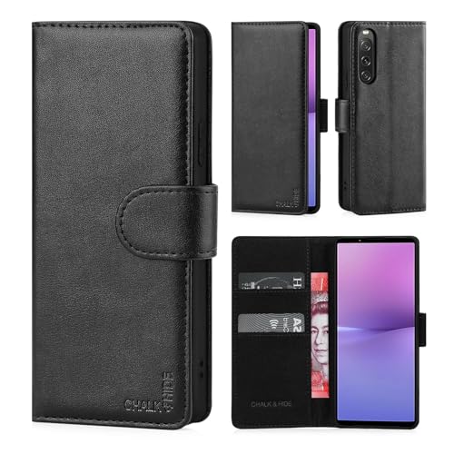 CHALK & HIDE - Lederhülle Case Cover für Sony Xperia 10 V (2023) Echtleder Hülle Mit RFID-Blockierung Kartensteckplatz Magnetverschluss und Standfuß - Schwarz