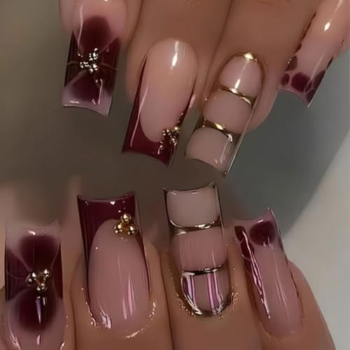 24Pcs Fall Winter Press on Nails Medium Length Square Fake Nails,...