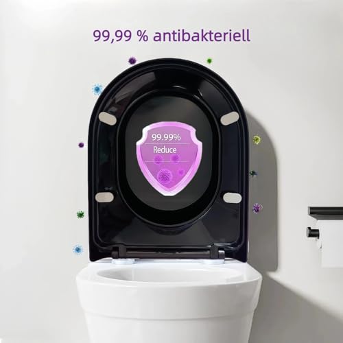 Toilettendeckel mit Absenkautomatik 46x36 cm, WC Sitz aus Duroplast, mit Antibakterieller Oberfläche, D-Form, mit Quick-Release, Universal, Weiß
