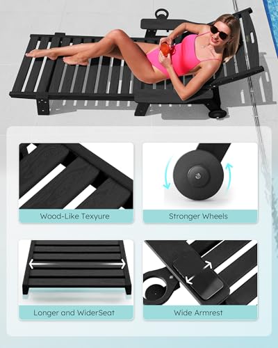 Image of Patio Chaise Lounge Chair Set of 4, Oversize Lounge Chairs with Wood Texture& Rolling Wheels, HDPE 6-Position Plastic Lounge Chairs for Poolside, Patio, Deck, Beach,Black
