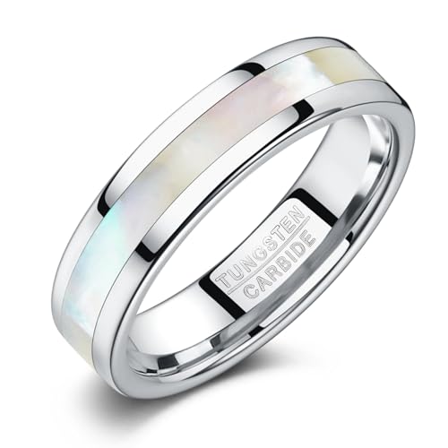 Vakki Tungsten Wedding Ring for Men Women Mother of Pearl Shell Inlay 6mm Silver/14k Gold/Rose Gold Tungsten Carbide Engagement Band Comfort Fit Size 7-122