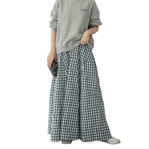 Japanese Loose Plaid Skirt with Patchwork Large Swing Half Length Women's Skirt Harajuku Casual Long Skirt