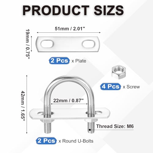 Image of PATIKIL Round U-Bolts, 2 Pcs 0.87 inch(22mm) Inner Width 42mm Length M6 with Nut Plate Washer 304 Stainless Steel Round Bend U-Bolts for Boat Trailer Axle Sailboat