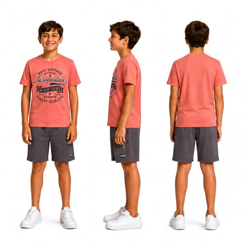 Image of AEROPOSTALE Boys Athletic Shorts Set 3 Piece Graphic T Shirts Fleece Shorts | Soft Breathable Jersey Tees, Elastic Waistband, Side Pockets, Screen-print Design, Durable Stitching for School & Play