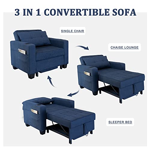 Duraspace Futon Sofa Bed, 3 In 1 Convertible Sofa Chair Bed, Adjustable Backrest Chair, Chaise Lounge With Usb Ports, Cup Holder, Side Pocket, Storage Box For Living Room (Blue Linen) #TOP1