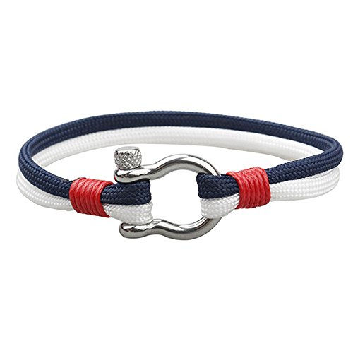 EXINOX Bracelet Nautique Manille en Acier | Homme et Femme | Cuir d'acier Inoxydable (Bleu et Blanc)